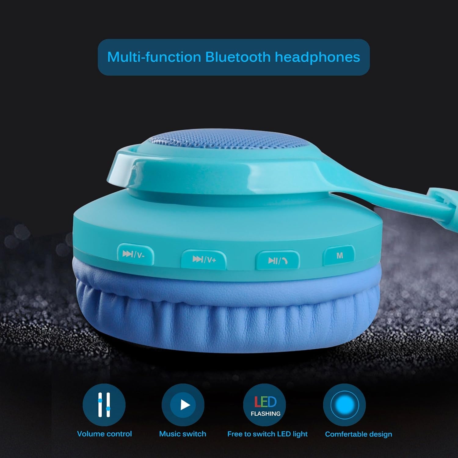 Riwbox WT-7S Kids Bluetooth Headphones, LED Light up Wireless Foldable Stereo Headset with Microphone and Volume Control for Pc/Tablet/Tv/Travel (Blue)