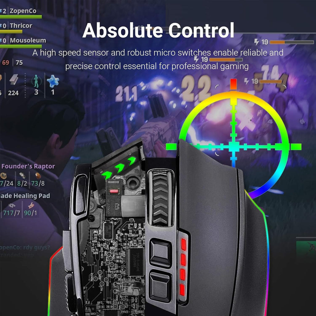 Redragon M801 Wireless Gaming Mouse, RGB Gaming Mouse with MMO 9 Programmable Macro Editing Buttons, up 16000 Adjustable DPI, Rapid Fire Button for Game, Windows,Pc - Wireless, Black