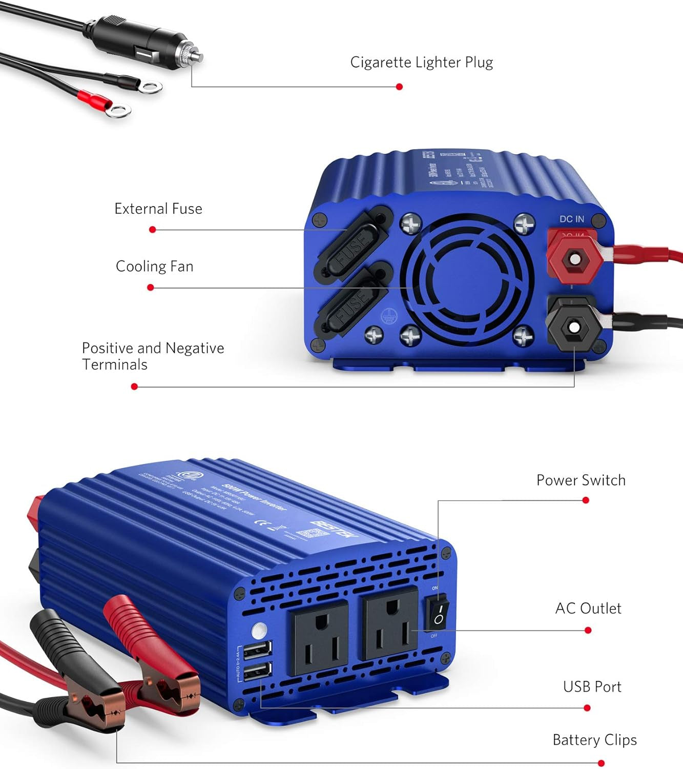 BESTEK 500W Power Inverter for Vehicles DC 12V to AC 110V Car Plug Adapter