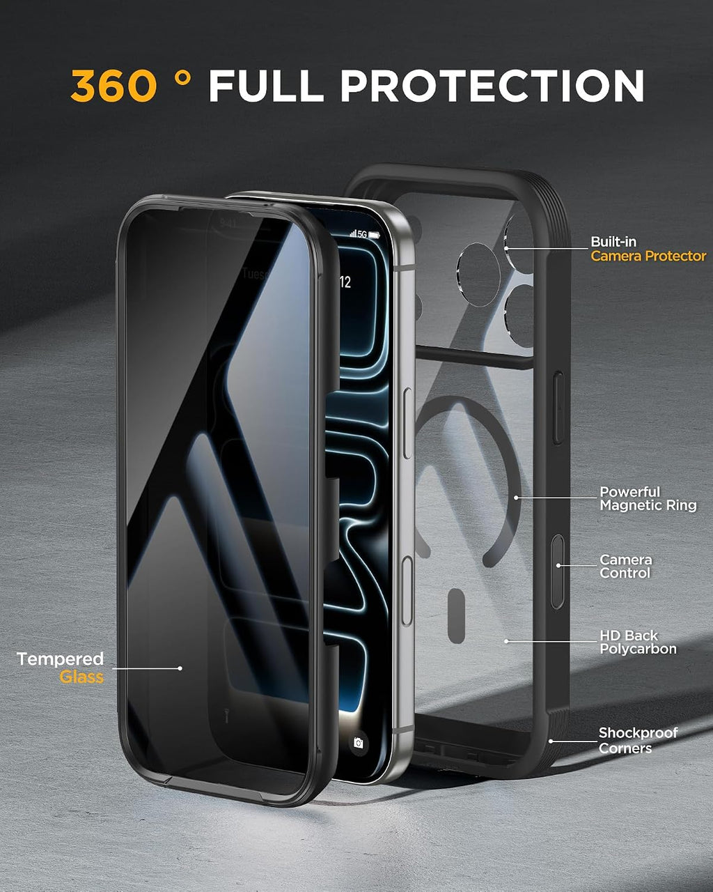 Miracase for Iphone 17 Pro Max Case with Privacy Screen Protector, Black