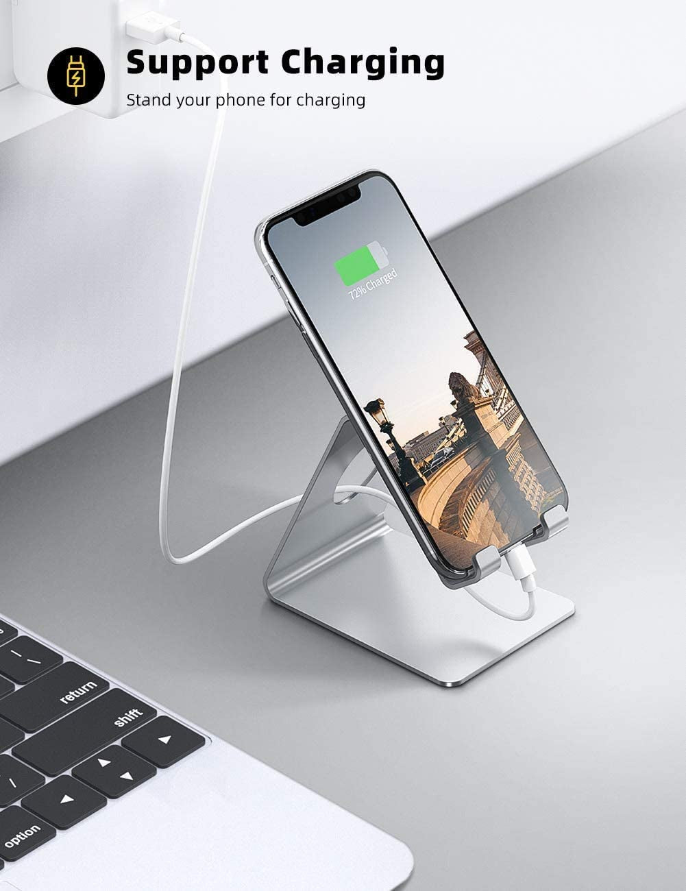 Lamicall Cell Phone Stand, Desk Phone Holder Cradle, Compatible with Phone 12 Mini 11 Pro Xs Max XR X 8 7 6 plus SE, All Smartphones Charging Dock, Office Desktop Accessories - Silver