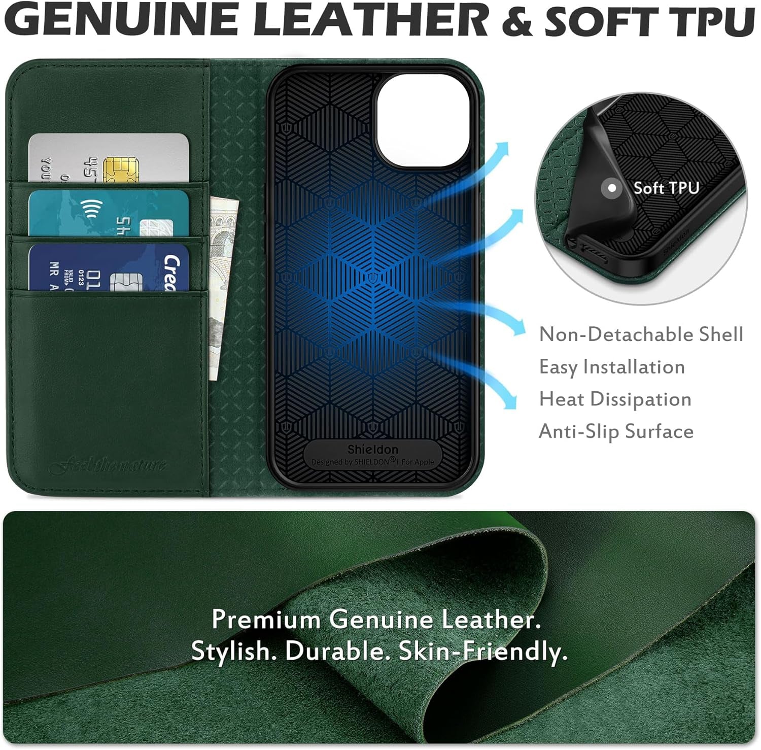 SHIELDON Genuine Leather Case Wallet for Iphone 13 6.1", Midnight Green