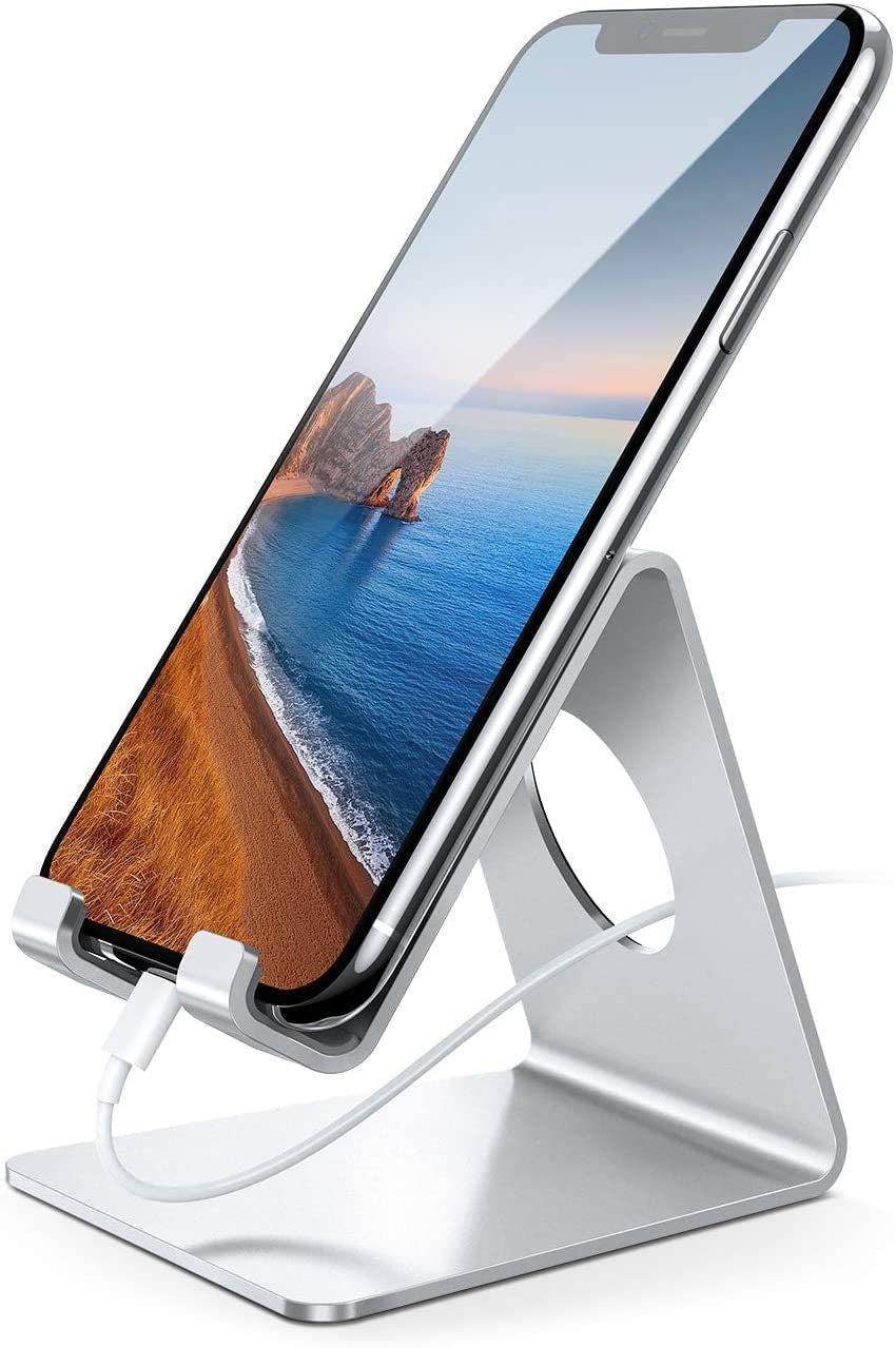 Lamicall Cell Phone Stand, Desk Phone Holder Cradle, Compatible with Phone 12 Mini 11 Pro Xs Max XR X 8 7 6 plus SE, All Smartphones Charging Dock, Office Desktop Accessories - Silver