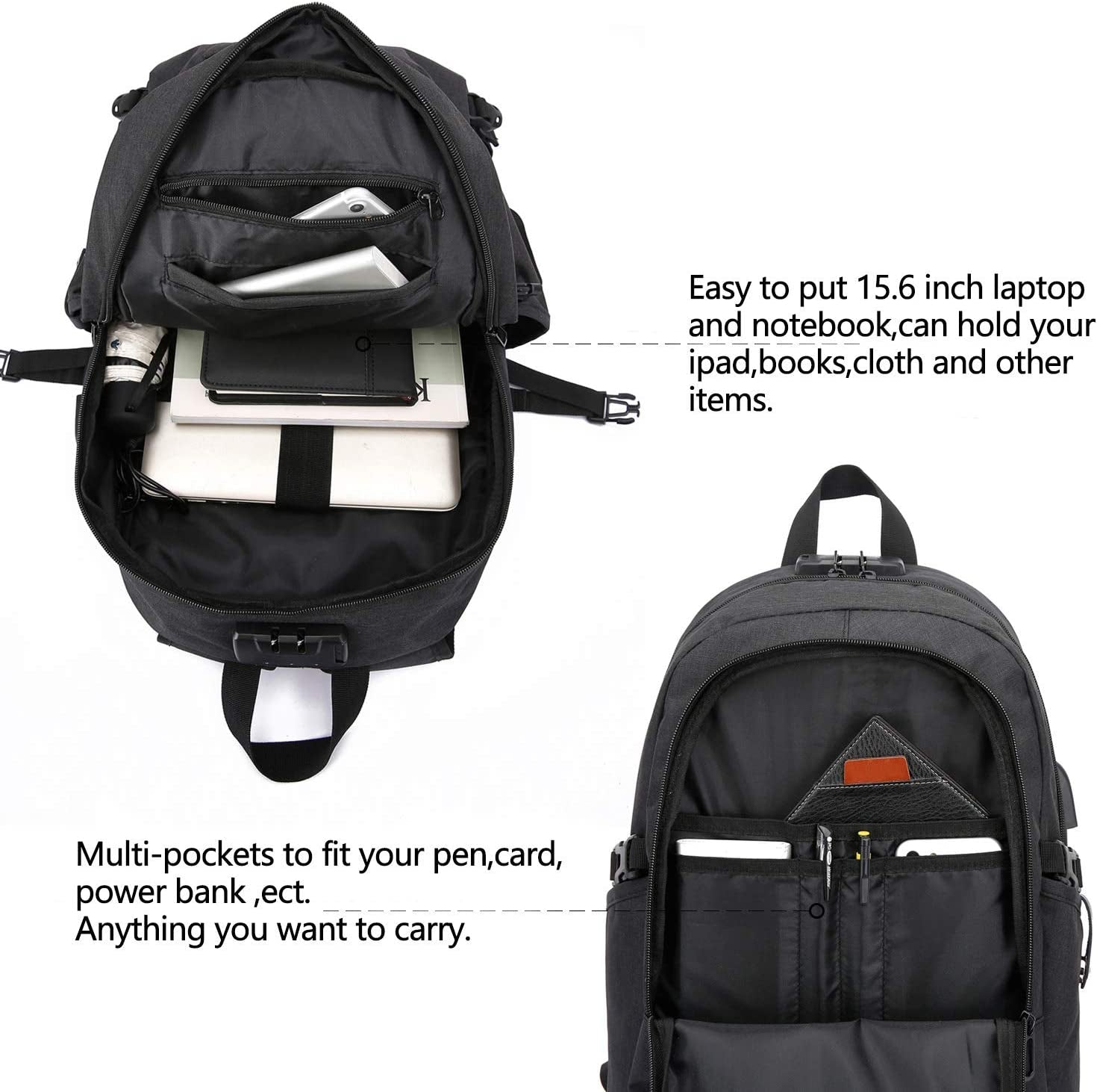 WENIG Anti-Theft Travel Laptop Backpack with USB Charging Port Lock,Water Resistant Slim Work Computer Bag for Men College Bookbags Fits 15.6 Inch Laptop