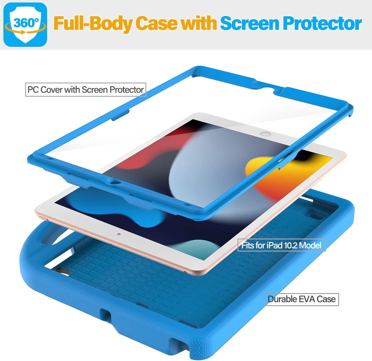 SUPLIK Kids Case for Ipad 9Th/8Th/7Th Generation - Ipad 10.2 Inch 2021/2020/2019 Case with Built-In Screen Protector, Durable Shockproof Handle Stand Kids Cover for Apple Ipad 7/8/9 Gen, Blue