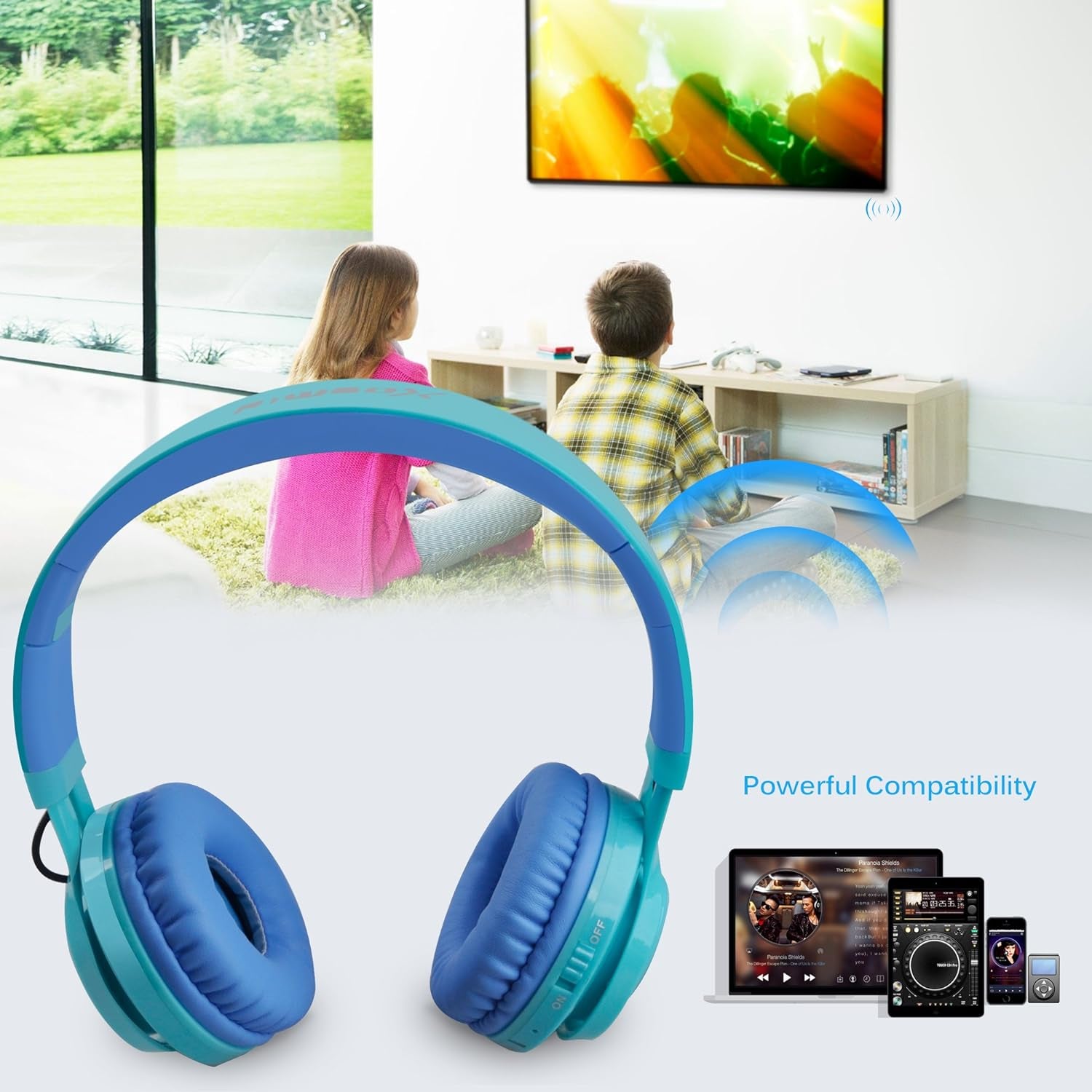 Riwbox WT-7S Kids Bluetooth Headphones, LED Light up Wireless Foldable Stereo Headset with Microphone and Volume Control for Pc/Tablet/Tv/Travel (Blue)