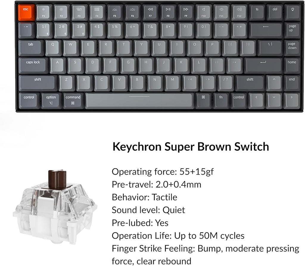 Keychron K2 75% Layout RGB Bluetooth Wireless Mechanical Keyboard with Keychron Super Brown Switch/Anti Ghosting/N-Key Rollover, Compact 84 Keys USB Wired Gaming Keyboard for Mac Windows-Version 2