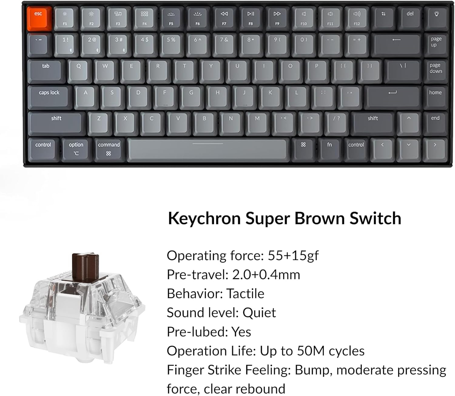 Keychron K2 75% Layout RGB Bluetooth Wireless Mechanical Keyboard with Keychron Super Brown Switch/Anti Ghosting/N-Key Rollover, Compact 84 Keys USB Wired Gaming Keyboard for Mac Windows-Version 2