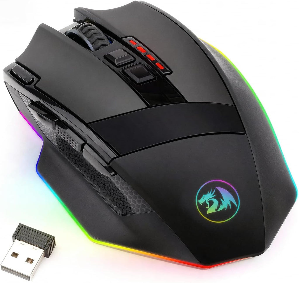 Redragon M801 Wireless Gaming Mouse, RGB Gaming Mouse with MMO 9 Programmable Macro Editing Buttons, up 16000 Adjustable DPI, Rapid Fire Button for Game, Windows,Pc - Wireless, Black