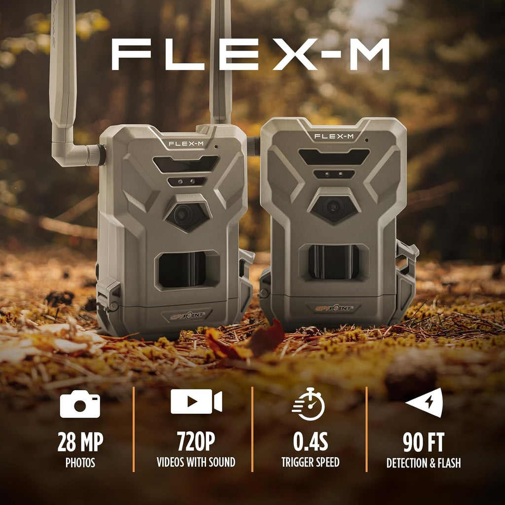 SPYPOINT Flex-M Twin Pack Cellular Trail Cameras - Best Hunting Accessories, No Wifi Needed, GPS, Night Vision, Dual-Sim LTE, IP65 Water-Resistant Game Camera, 28MP Photos, 720P Videos + Sound (2)