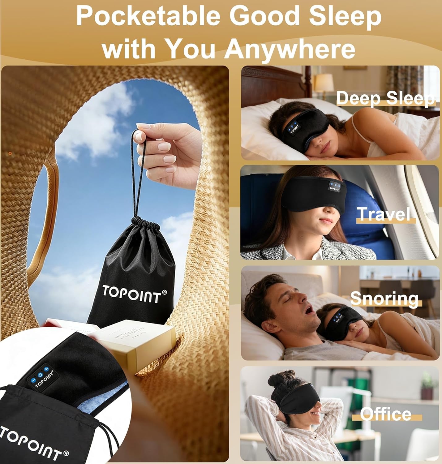 TOPOINT Sleep Mask with Headphones Bluetooth 5.4 Wireless, Sleep Headphones Earphones Earbuds with Microphone HD Speakers Music, Blackout Eye Mask for Sleeping Travel Meditation Men Women Cool Gadgets