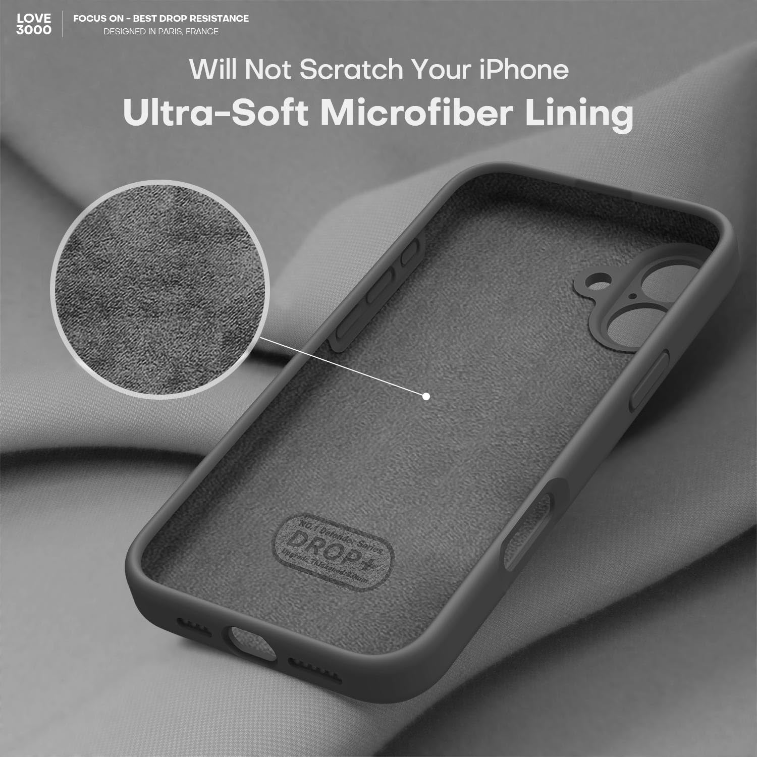 LOVE 3000 Designed for Iphone 16 Case, Premium Silicone with [Soft Anti-Scratch Microfiber Lining] Shockproof Protective Phone Case for Men Women Girls 6.1", Black