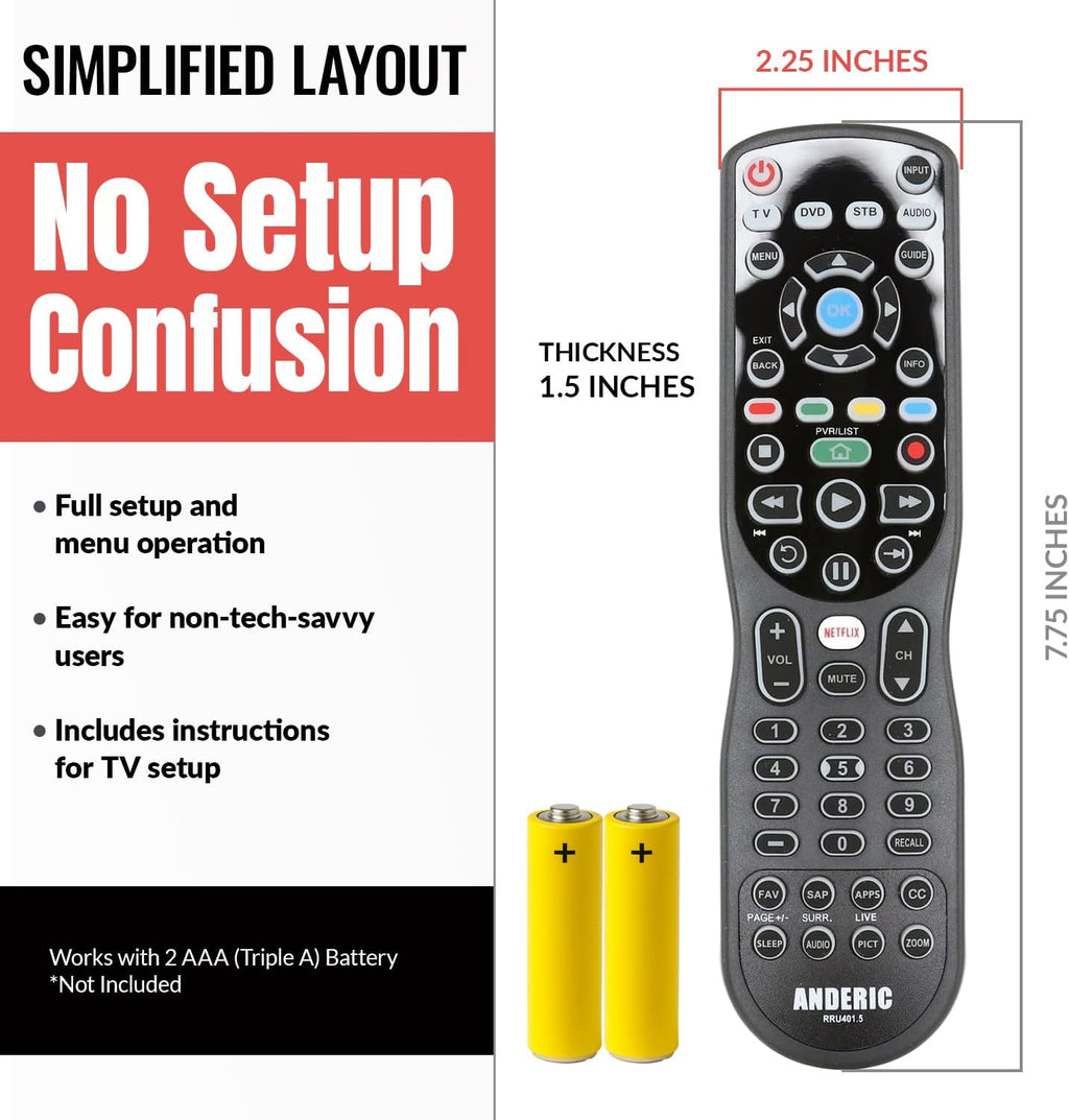 Anderic RRU401.7 4-Device Universal Remote Control with Backlight, Macro and Learning for TV, Cable, Streaming, DVD and more