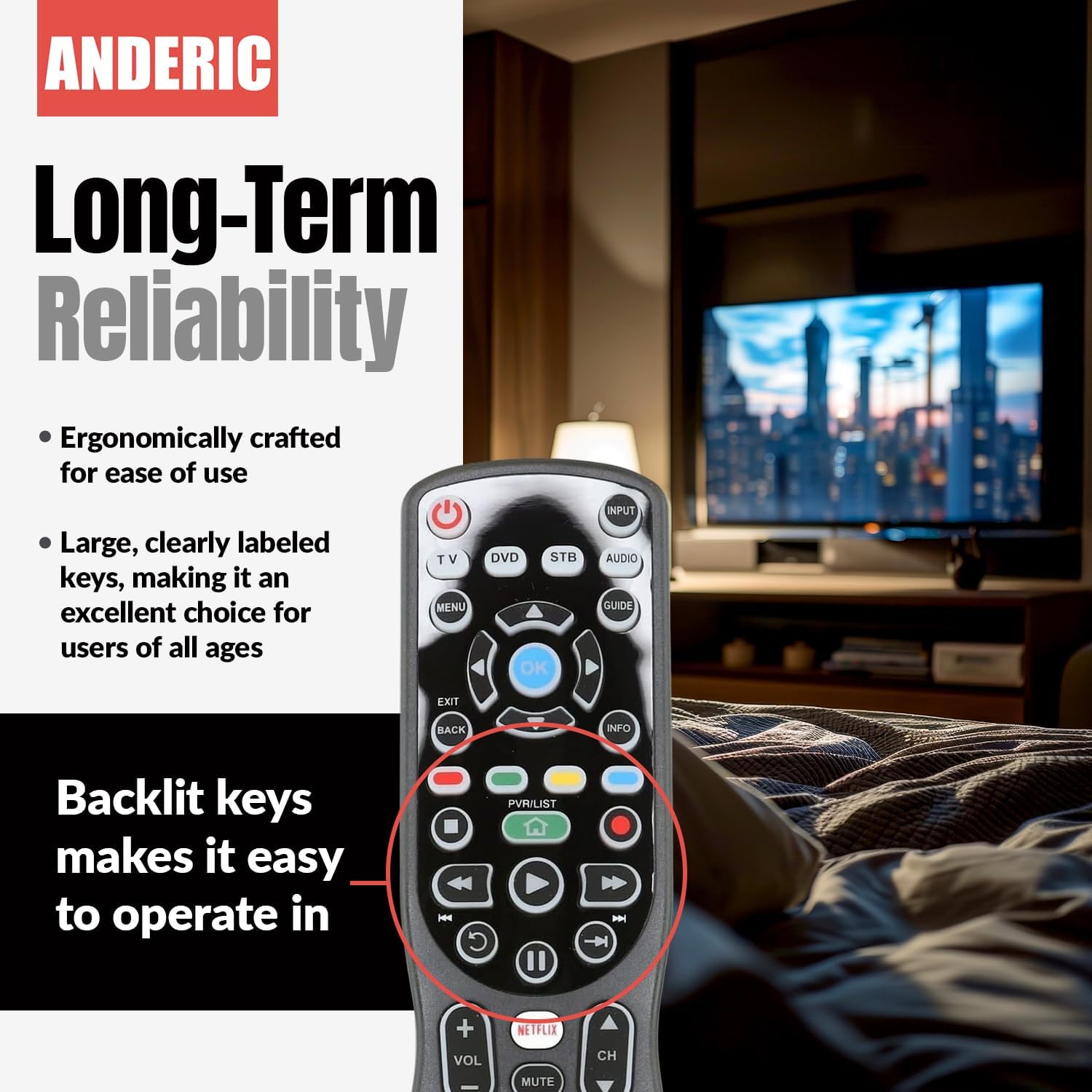 Anderic RRU401.7 4-Device Universal Remote Control with Backlight, Macro and Learning for TV, Cable, Streaming, DVD and more