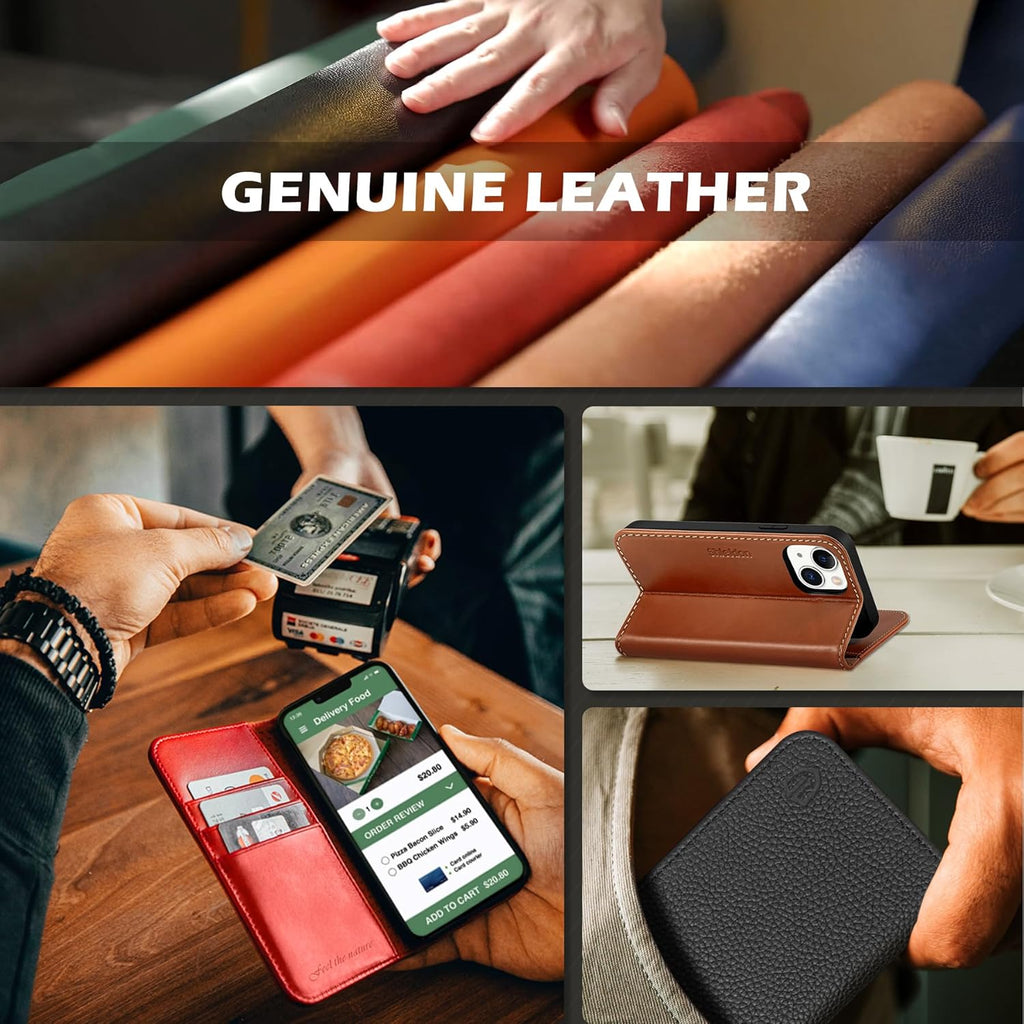 SHIELDON Genuine Leather Case Wallet for Iphone 13 6.1", Midnight Green