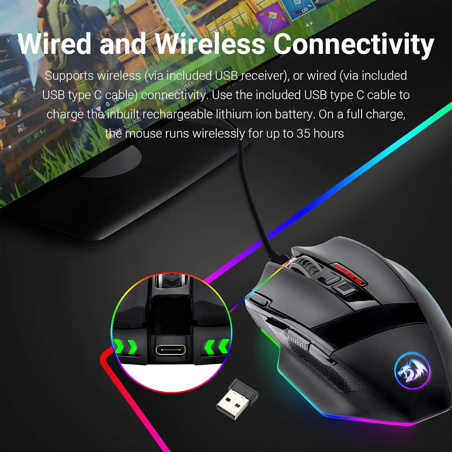 Redragon M801 Wireless Gaming Mouse, RGB Gaming Mouse with MMO 9 Programmable Macro Editing Buttons, up 16000 Adjustable DPI, Rapid Fire Button for Game, Windows,Pc - Wireless, Black