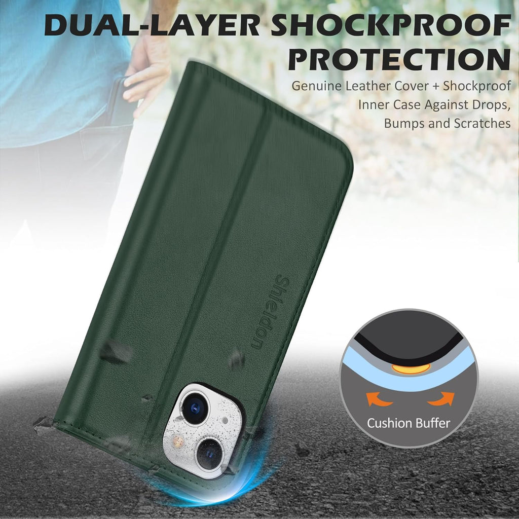 SHIELDON Genuine Leather Case Wallet for Iphone 13 6.1", Midnight Green