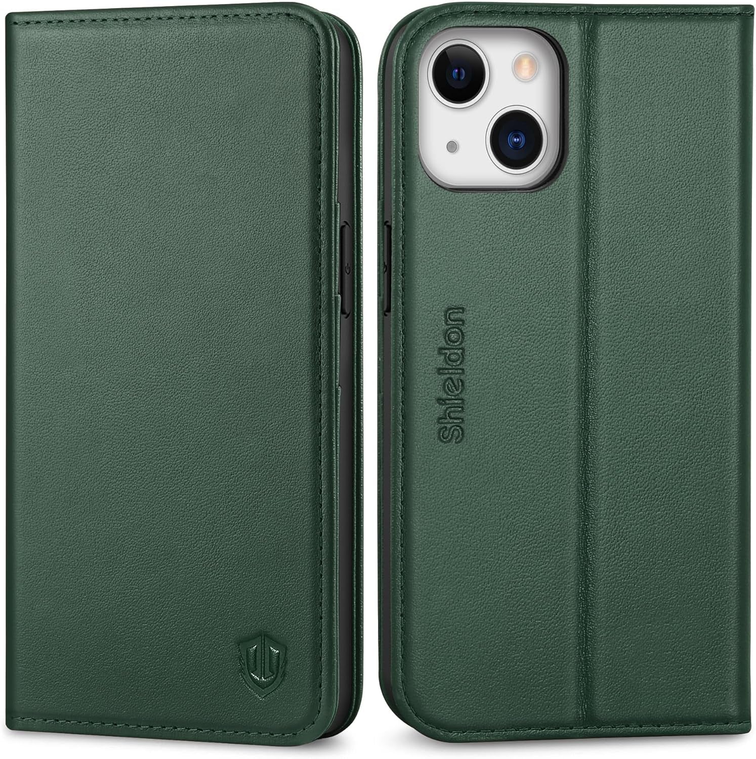 SHIELDON Genuine Leather Case Wallet for Iphone 13 6.1", Midnight Green