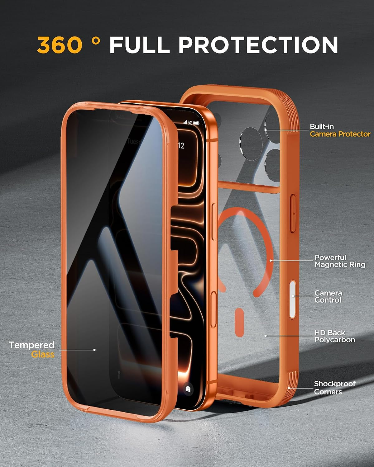 Miracase for Iphone 17 Pro Max Case with Privacy Screen Protector, Orange