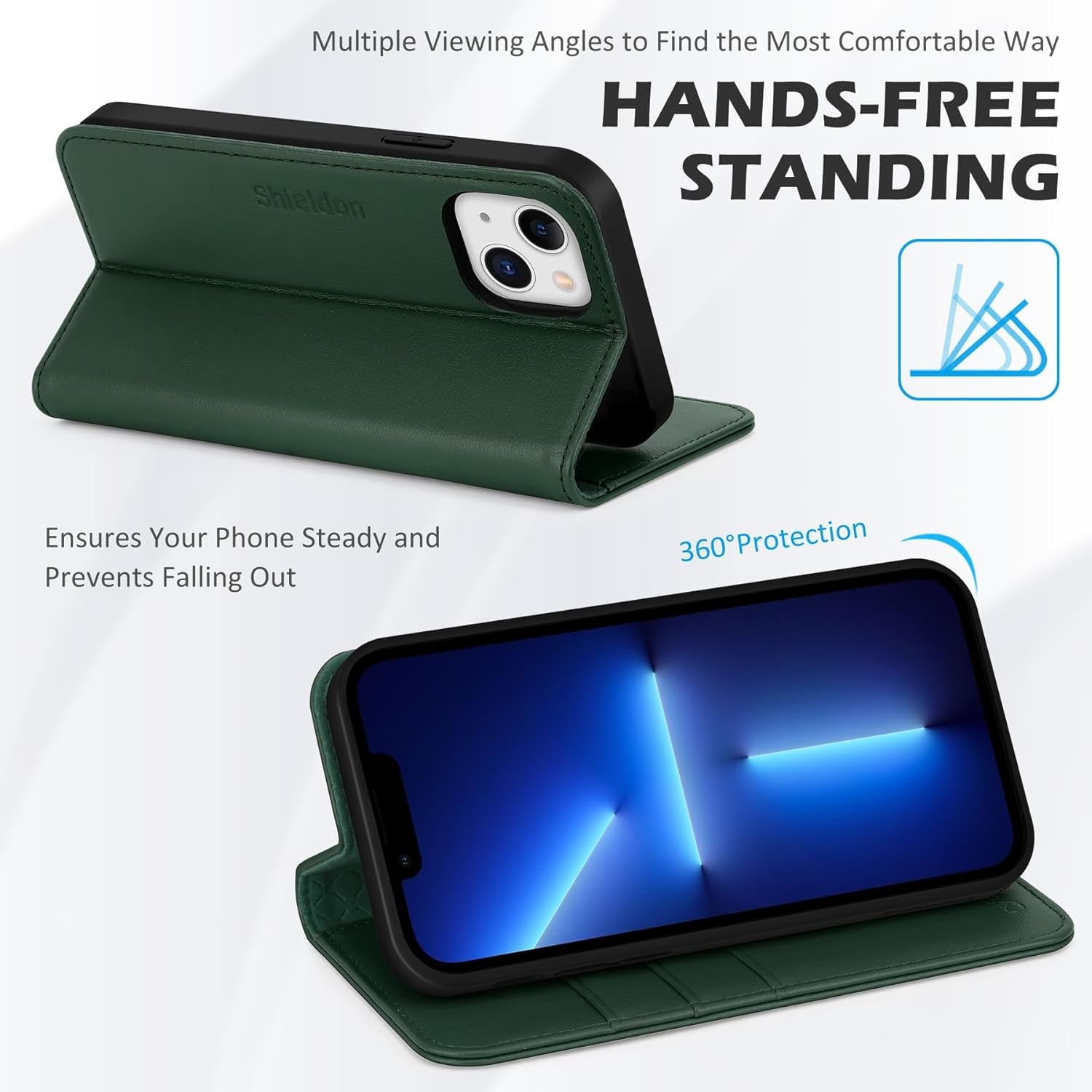 SHIELDON Genuine Leather Case Wallet for Iphone 13 6.1", Midnight Green