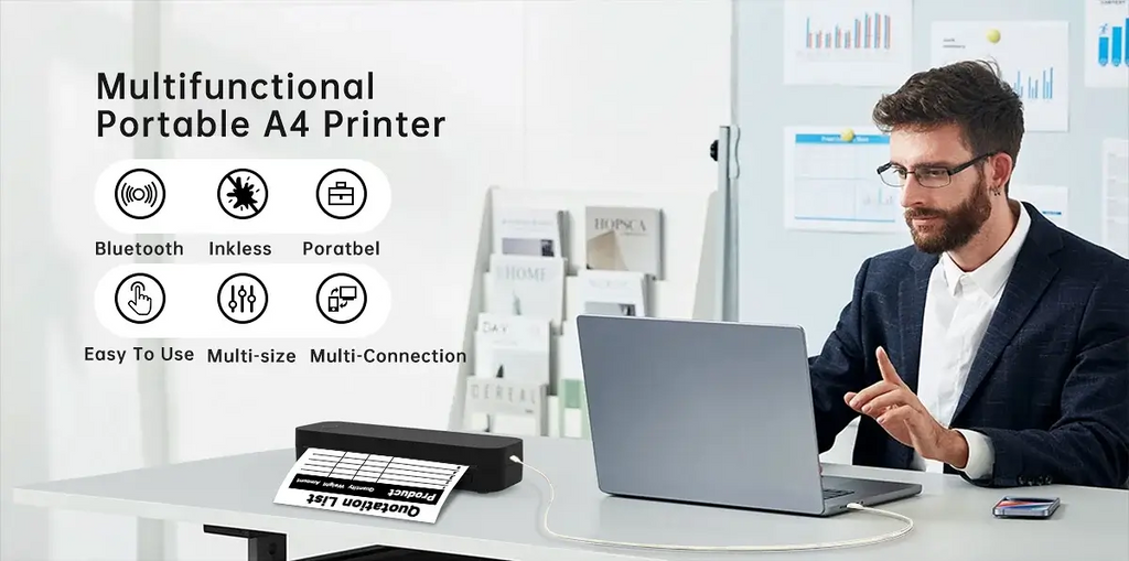 Portable A4 Thermal Printer Document Tattoo Printer Bluetooth Wireless Mini Printer Notes lmage Photo Printing Machine A4 Paper