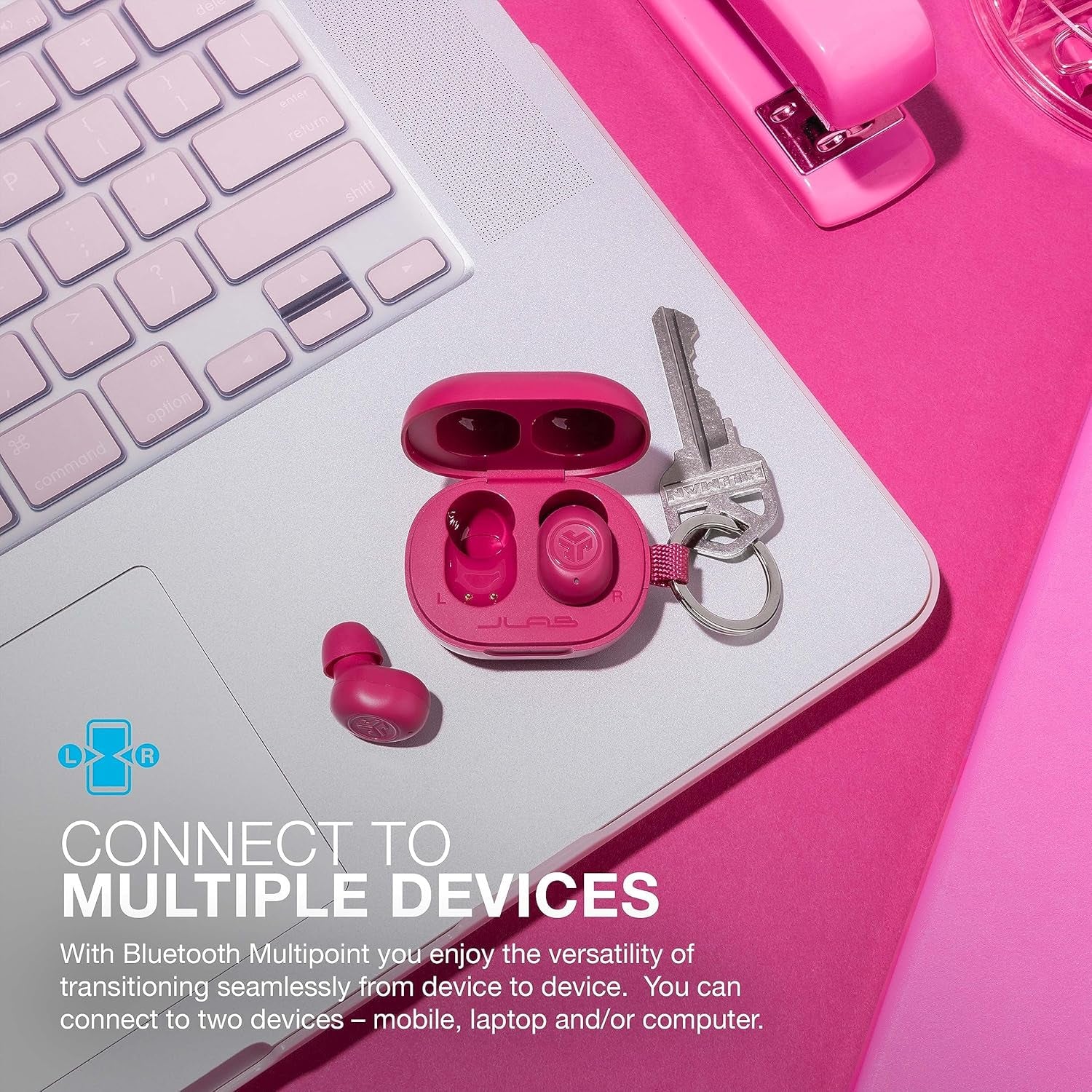 Jlab Jbuds Mini True Wireless Bluetooth Earbuds + Charging Case, Hot Pink, IP55 Sweat and Dust Proof, Bluetooth Multipoint, Be Aware Audio, 3 EQ Sound Settings, Crystal Clear Calls