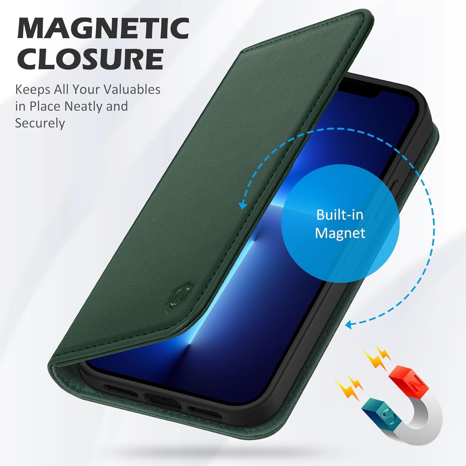 SHIELDON Genuine Leather Case Wallet for Iphone 13 6.1", Midnight Green