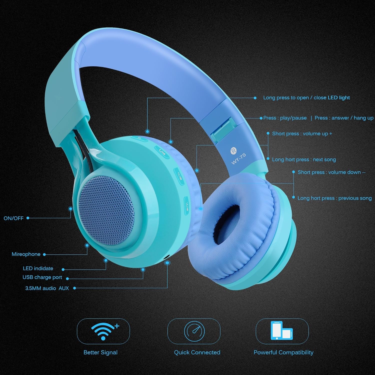 Riwbox WT-7S Kids Bluetooth Headphones, LED Light up Wireless Foldable Stereo Headset with Microphone and Volume Control for Pc/Tablet/Tv/Travel (Blue)