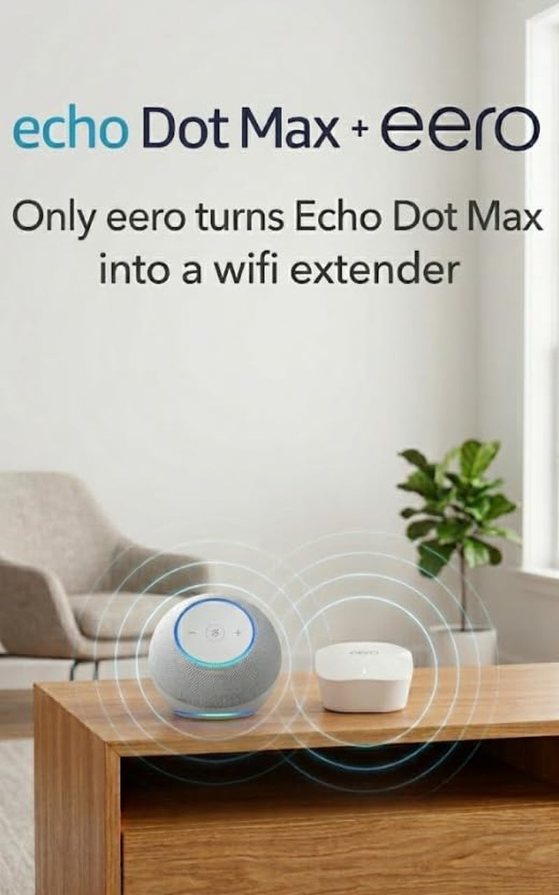 Amazon Echo Dot Max (Newest Model), Alexa Speaker with Room-Filling Sound and Nearly 3X Bass, Great for Living Rooms and Medium-Sized Spaces, Designed for Alexa+, Glacier White