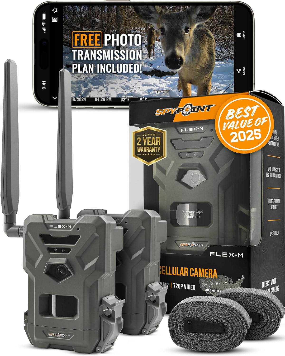 SPYPOINT Flex-M Twin Pack Cellular Trail Cameras - Best Hunting Accessories, No Wifi Needed, GPS, Night Vision, Dual-Sim LTE, IP65 Water-Resistant Game Camera, 28MP Photos, 720P Videos + Sound (2)