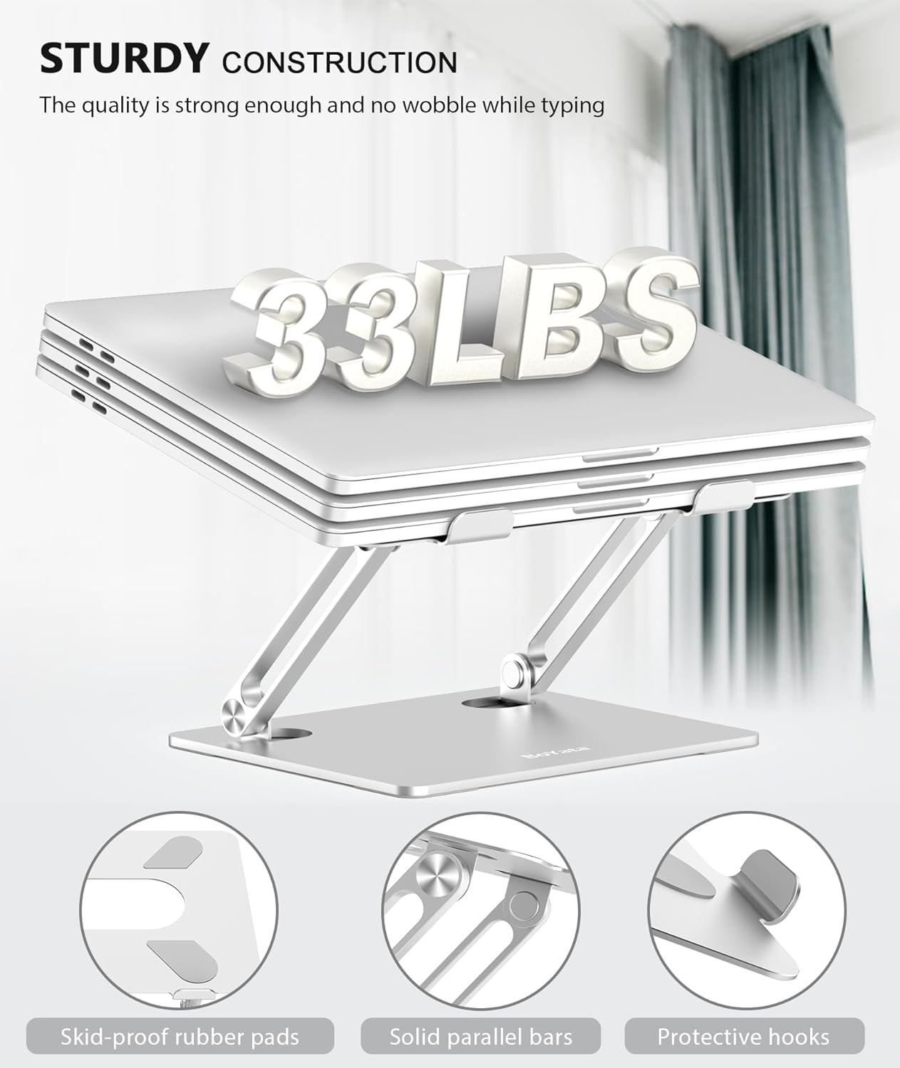 Boyata Laptop Stand, Adjustable Multi-Angle Riser, up to 17 Inches, Silver