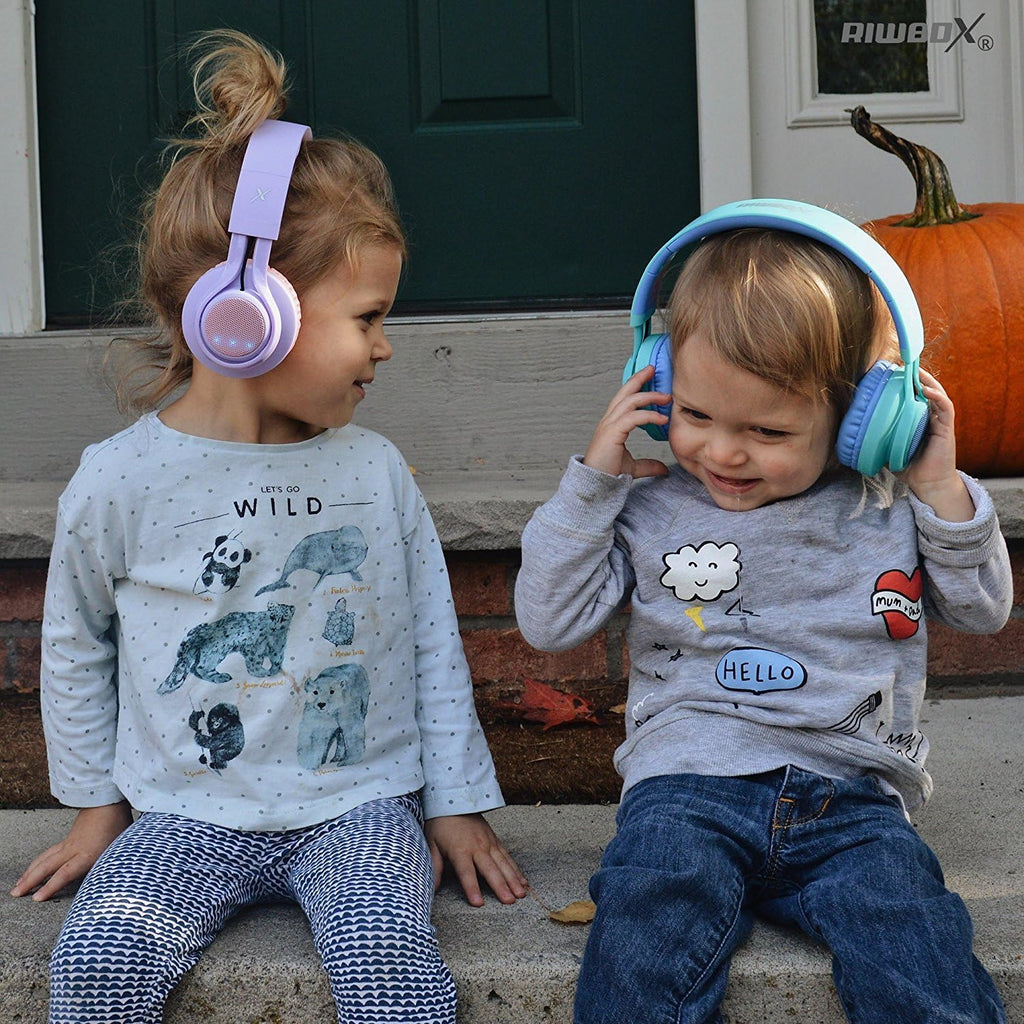 Riwbox WT-7S Kids Bluetooth Headphones, LED Light up Wireless Foldable Stereo Headset with Microphone and Volume Control for Pc/Tablet/Tv/Travel (Blue)