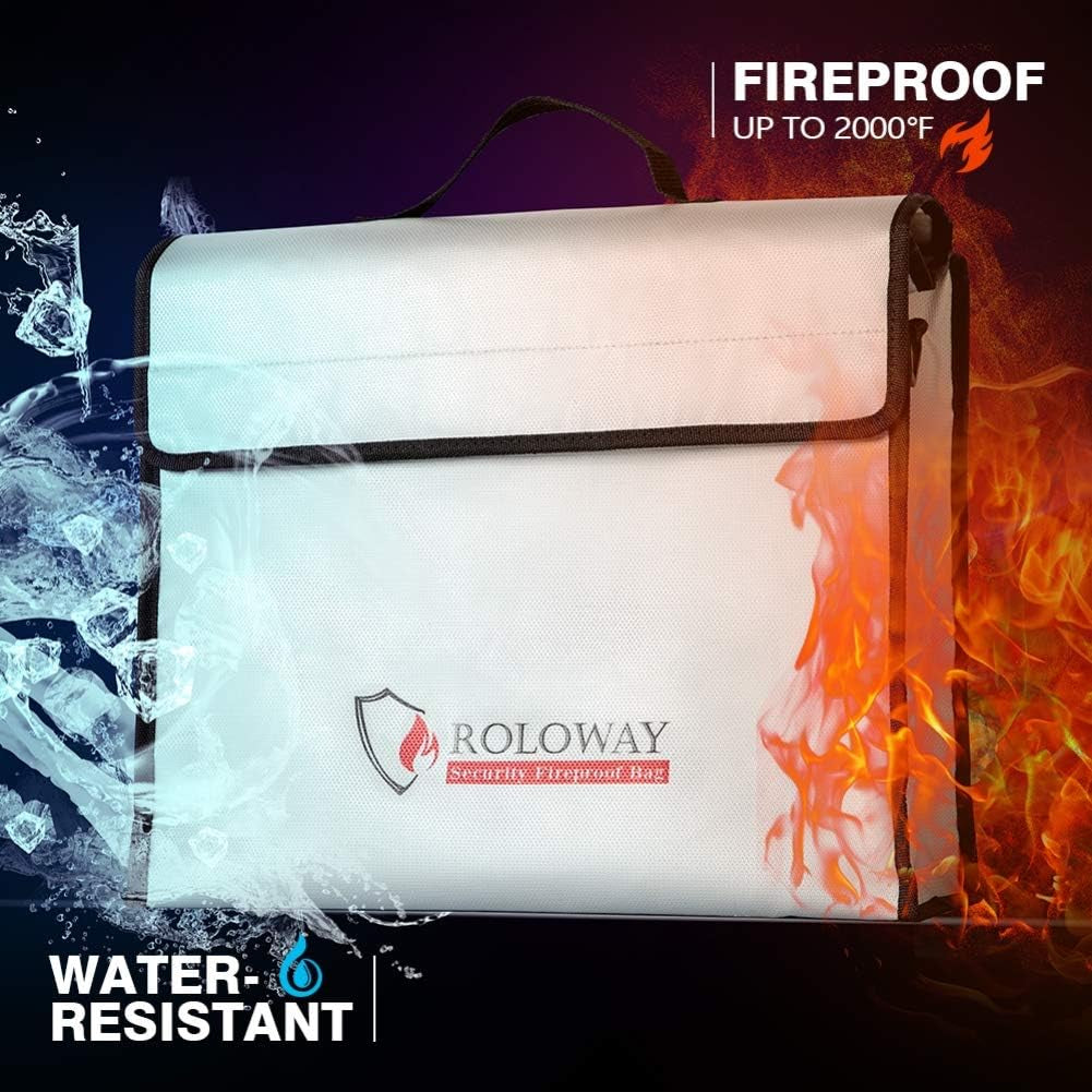 ROLOWAY Fireproof Document & Money Bags, Large Fireproof & Water Resistant Bag (15 X 12 X 5 Inches), Fireproof Folder Safe Bag for Cash, Valuables & Passport, with Silicone Coating & Zipper Closure