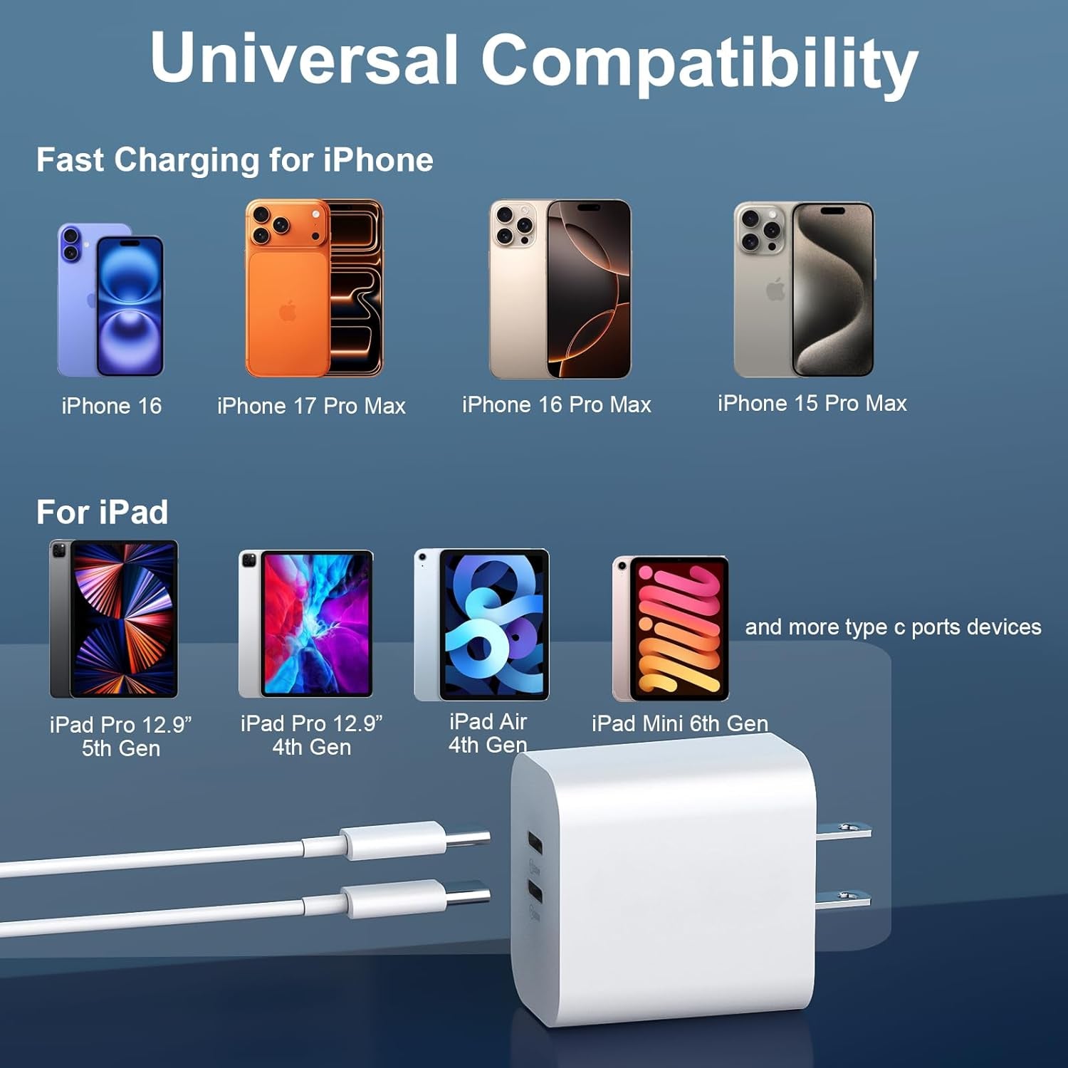 USB C Charger Block for Phone 17 16 15 Pro Max,20W Type C Charger with 12FT Long USB C to C Fast Charging Cord Cable Compatible for 17 16 15 Pro Max/17 16 15 Pro/15 Plus/15/Android Phone