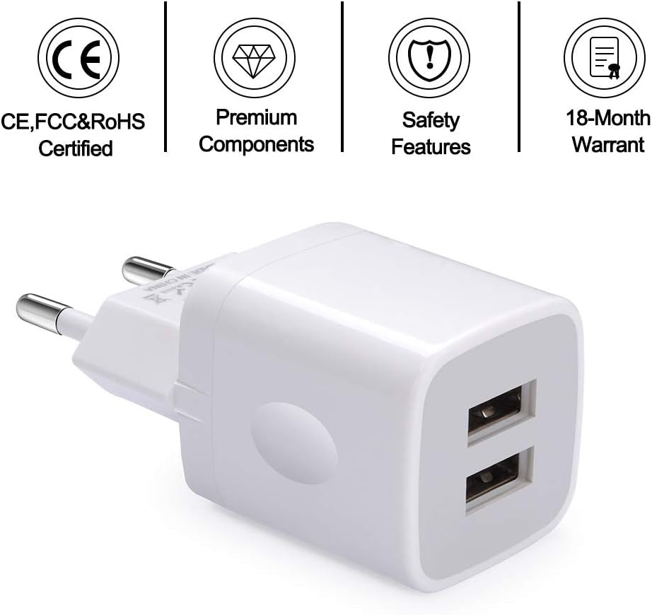 European Wall Charger, Vifigen 2-Pack USB 2.1AMP Universal Europe Charger Block Dual Port Plug Compatible for Iphone 17 16 15 14 13 12 11 Pro Max XS XR X SE 8 7 6 Plus,Samsung S25 S24 A17,Note,Lg,Moto