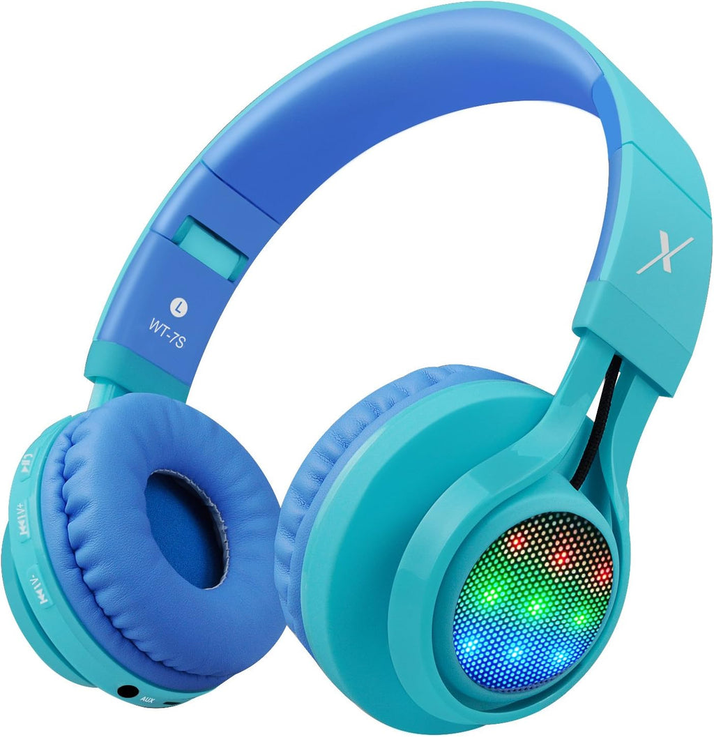 Riwbox WT-7S Kids Bluetooth Headphones, LED Light up Wireless Foldable Stereo Headset with Microphone and Volume Control for Pc/Tablet/Tv/Travel (Blue)