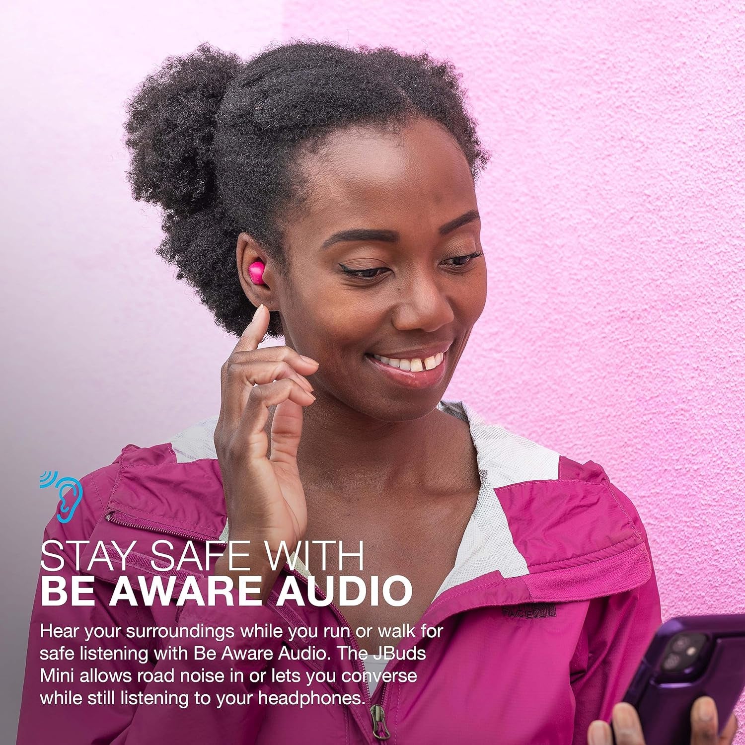 Jlab Jbuds Mini True Wireless Bluetooth Earbuds + Charging Case, Hot Pink, IP55 Sweat and Dust Proof, Bluetooth Multipoint, Be Aware Audio, 3 EQ Sound Settings, Crystal Clear Calls